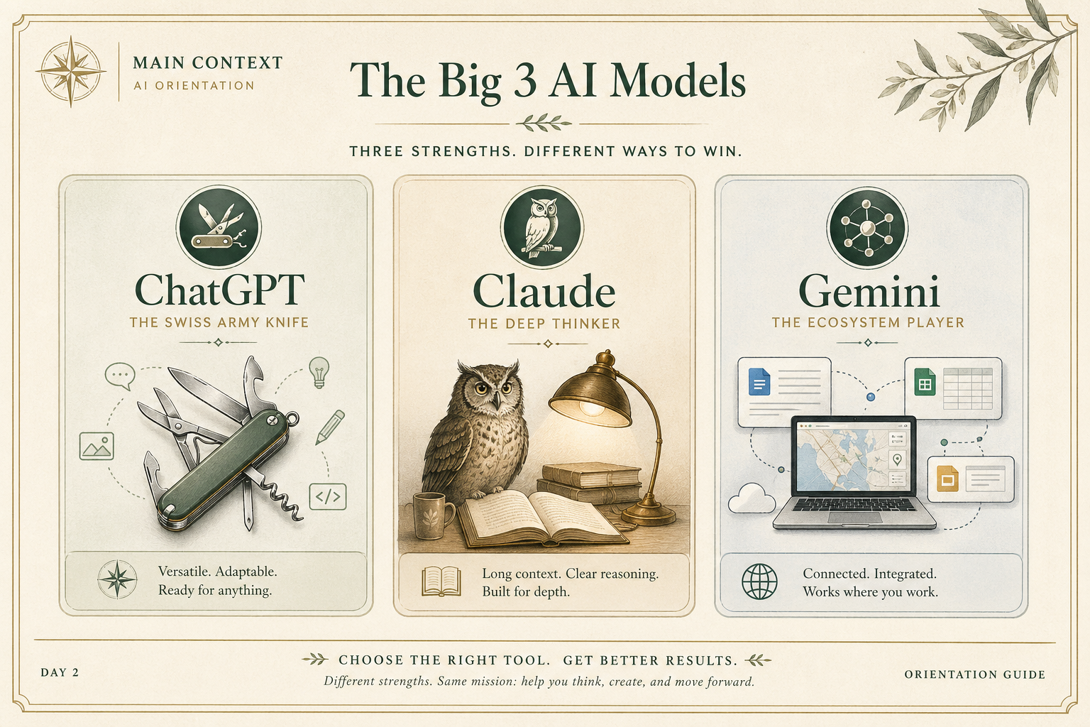 AI Orientation Day 2 overview image of ChatGPT, Claude, and Gemini as the Big 3 models