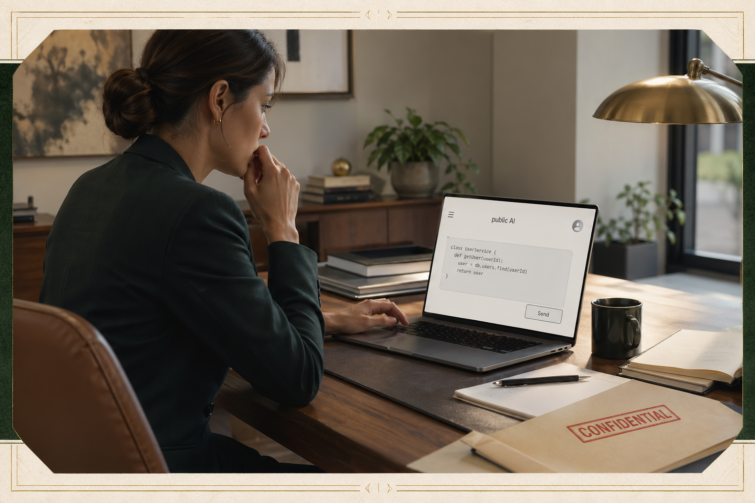 Editorial visual of a workplace privacy warning after an engineer pasted sensitive company code into a public AI chat tool