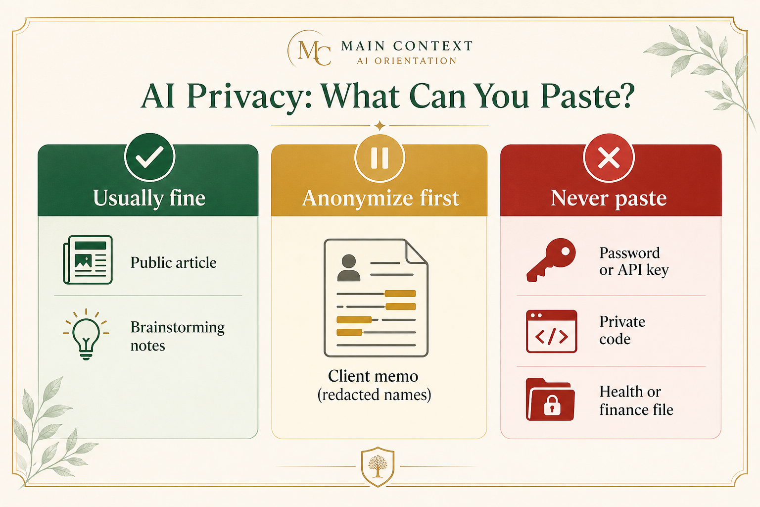 Green yellow red decision graphic showing safe, caution, and never-paste categories for using AI with personal or company information