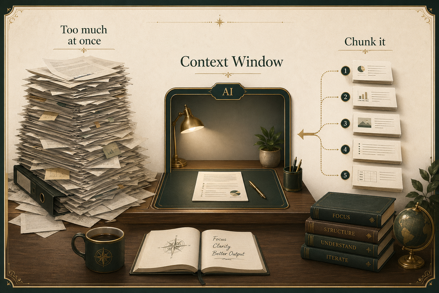 Simple educational diagram showing an AI context window as a limited workspace, with long information being broken into chunks and processed step by step