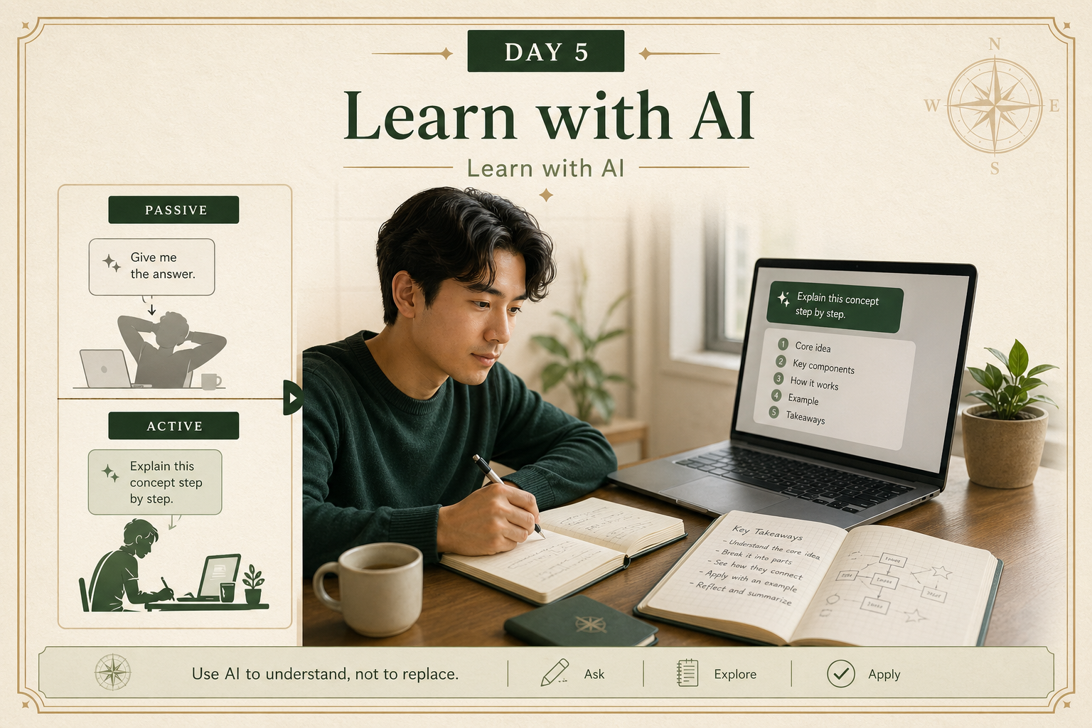 Editorial educational visual showing a thoughtful person using AI as a learning partner rather than an autopilot replacement, with a premium cream-and-forest-green Main Context style