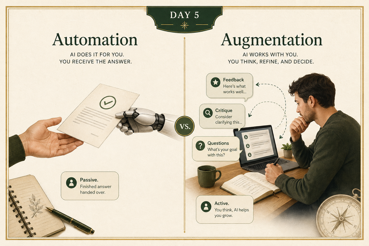Branded comparison graphic contrasting automation on one side and augmentation on the other, with clear beginner-friendly examples in a premium editorial layout