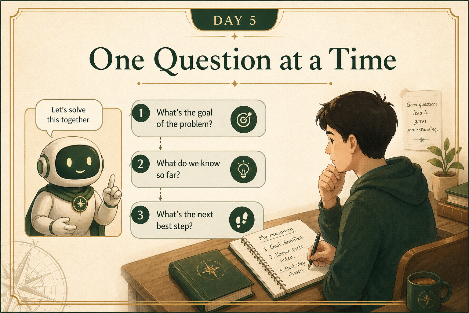 Educational conversation graphic showing an AI tutor asking one question at a time while a learner works toward understanding, in the Main Context editorial brand system