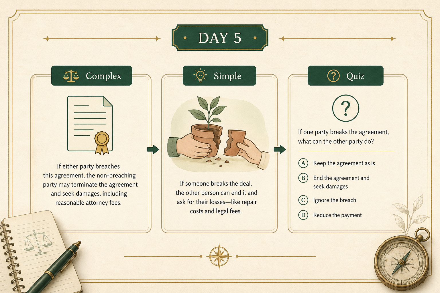 Branded learning card showing a complex topic being translated into simpler plain language and analogy as part of a beginner-friendly educational flow