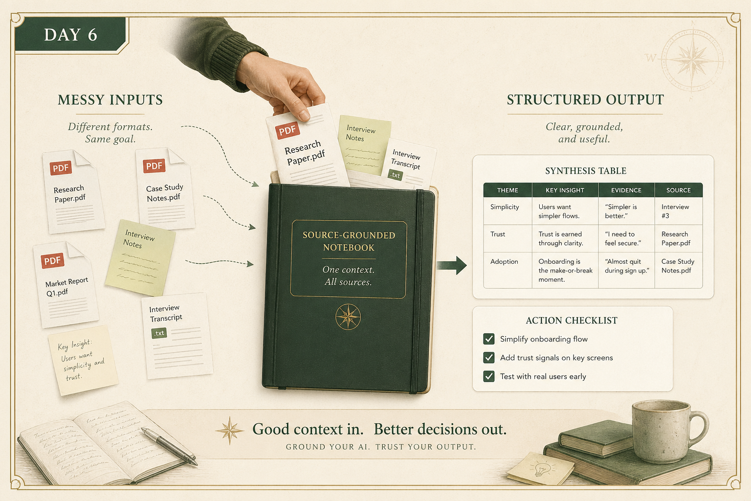 Premium educational visual showing a researcher dropping multiple PDFs, notes, and transcripts into one source-grounded notebook, then getting answers and citations back