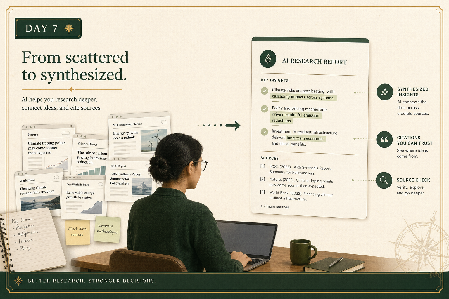 Editorial visual showing a researcher moving from scattered search tabs into a synthesized AI research report with citations and source checking