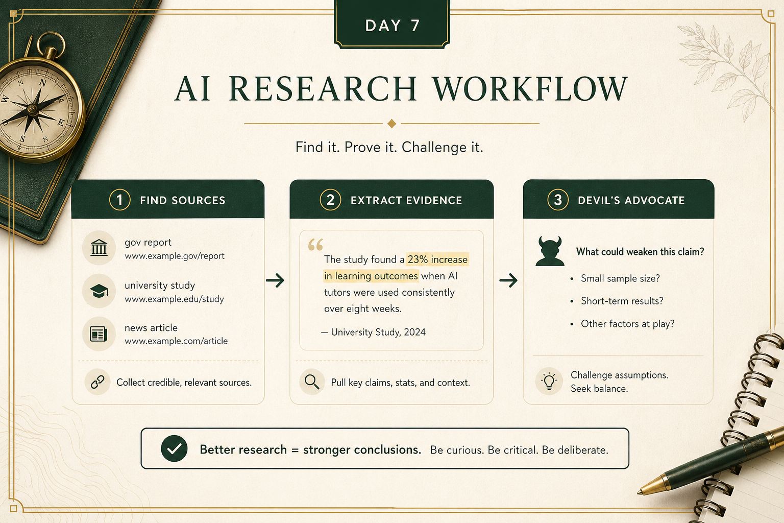 Educational visual showing an AI research workflow with source links, highlighted evidence, and a deliberate devil’s-advocate counterargument step