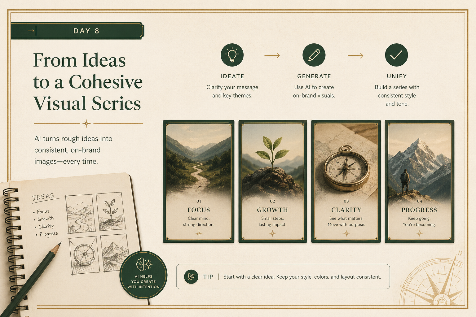 Editorial visual showing a creator turning rough ideas into a coherent series of branded AI-generated images with consistent style and layout