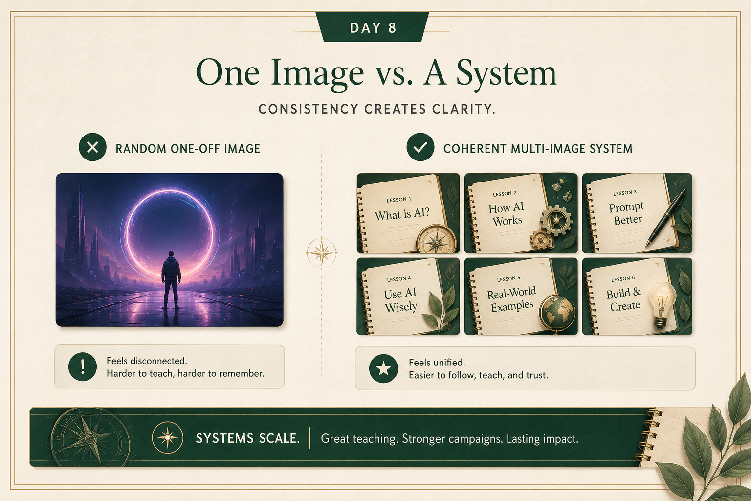 Branded comparison graphic showing a random one-off AI image on one side and a coherent multi-image visual system on the other