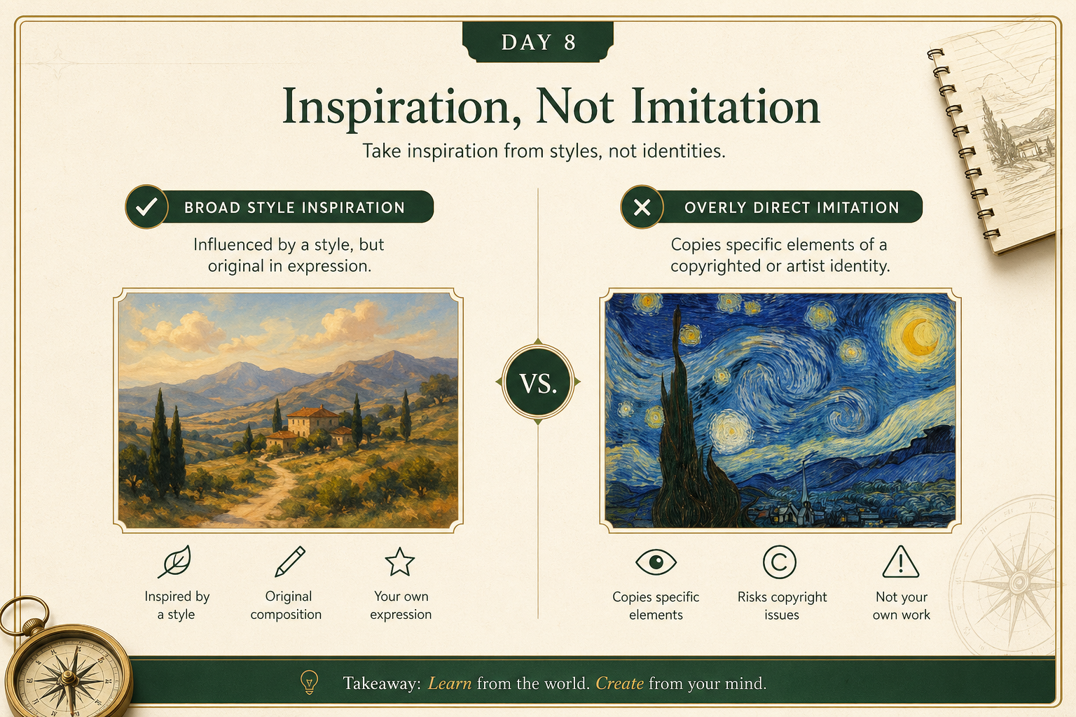 Educational visual showing the boundary between broad style inspiration and overly direct imitation of a specific artist or copyrighted brand asset
