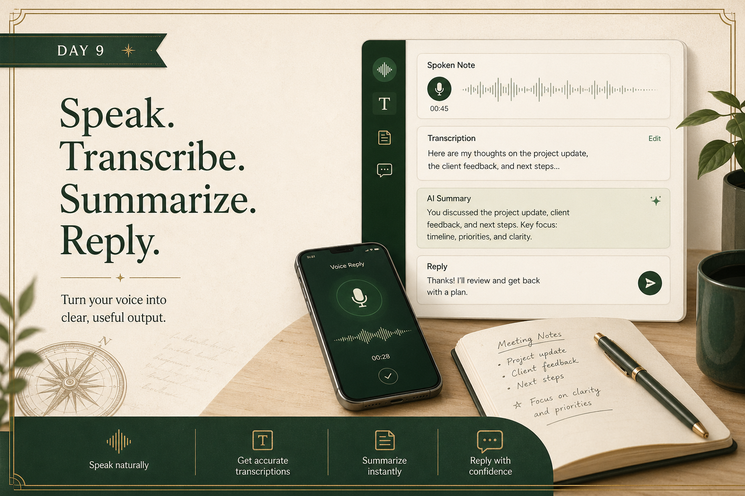 Editorial visual showing spoken notes, transcription, voice replies, and audio summaries flowing through an AI audio workspace
