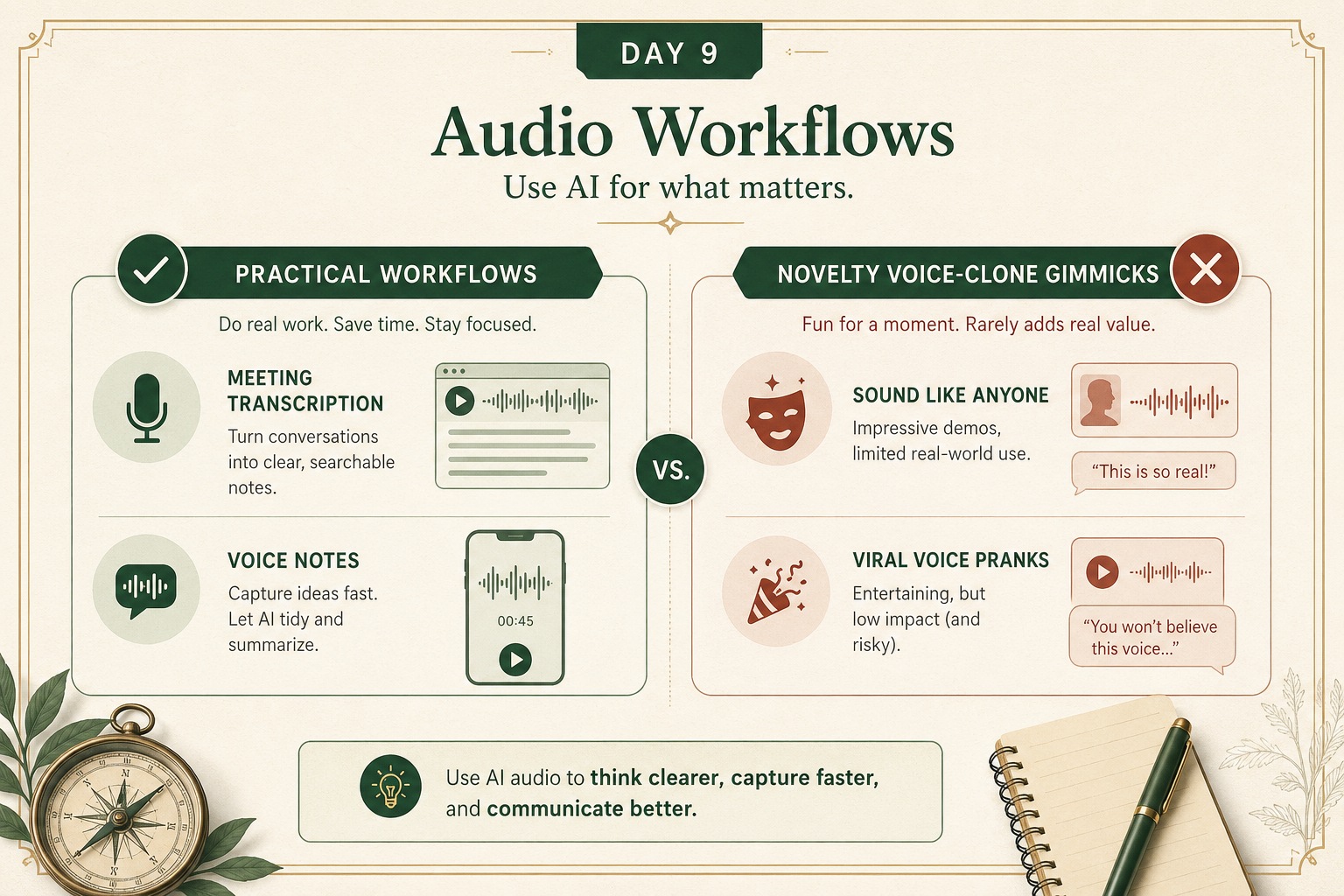 Branded comparison graphic showing practical audio workflows like meetings and voice notes versus gimmicky novelty voice clones