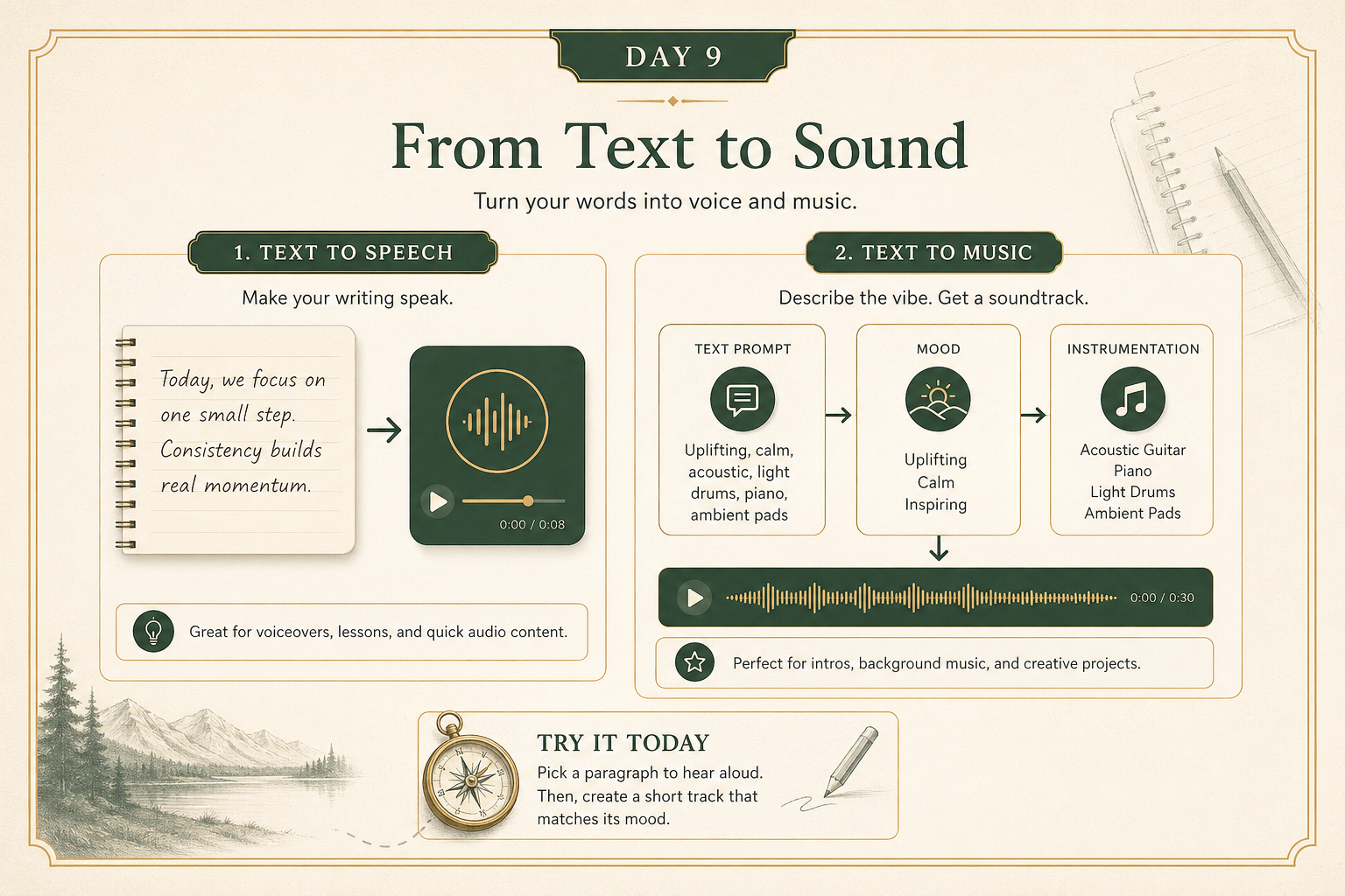 Educational visual showing a written draft becoming a clean spoken voice note, audio lesson, and accessible listening format