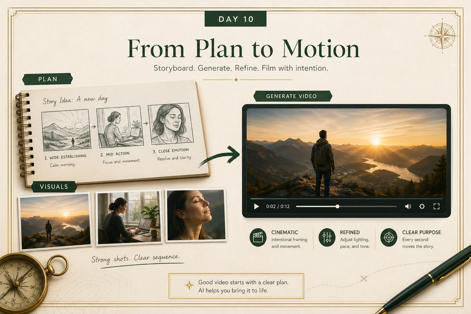 Editorial visual showing a creator moving from storyboard and still images into a short polished AI-generated video sequence