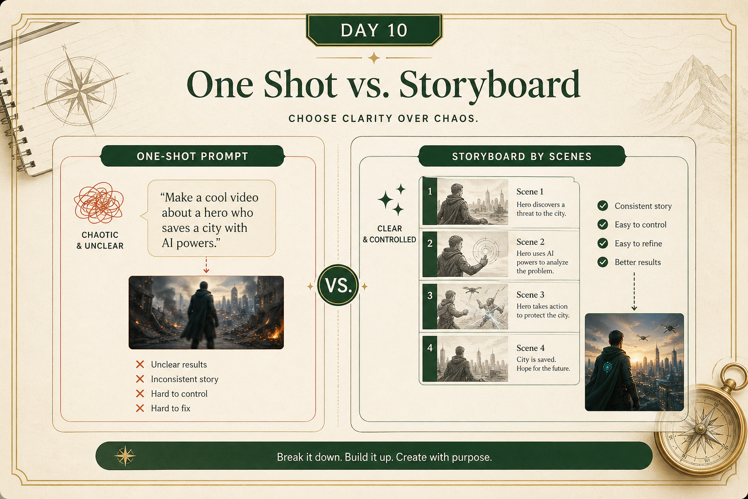 Branded comparison graphic showing a chaotic one-shot video prompt on one side and a clean storyboard-by-scenes workflow on the other
