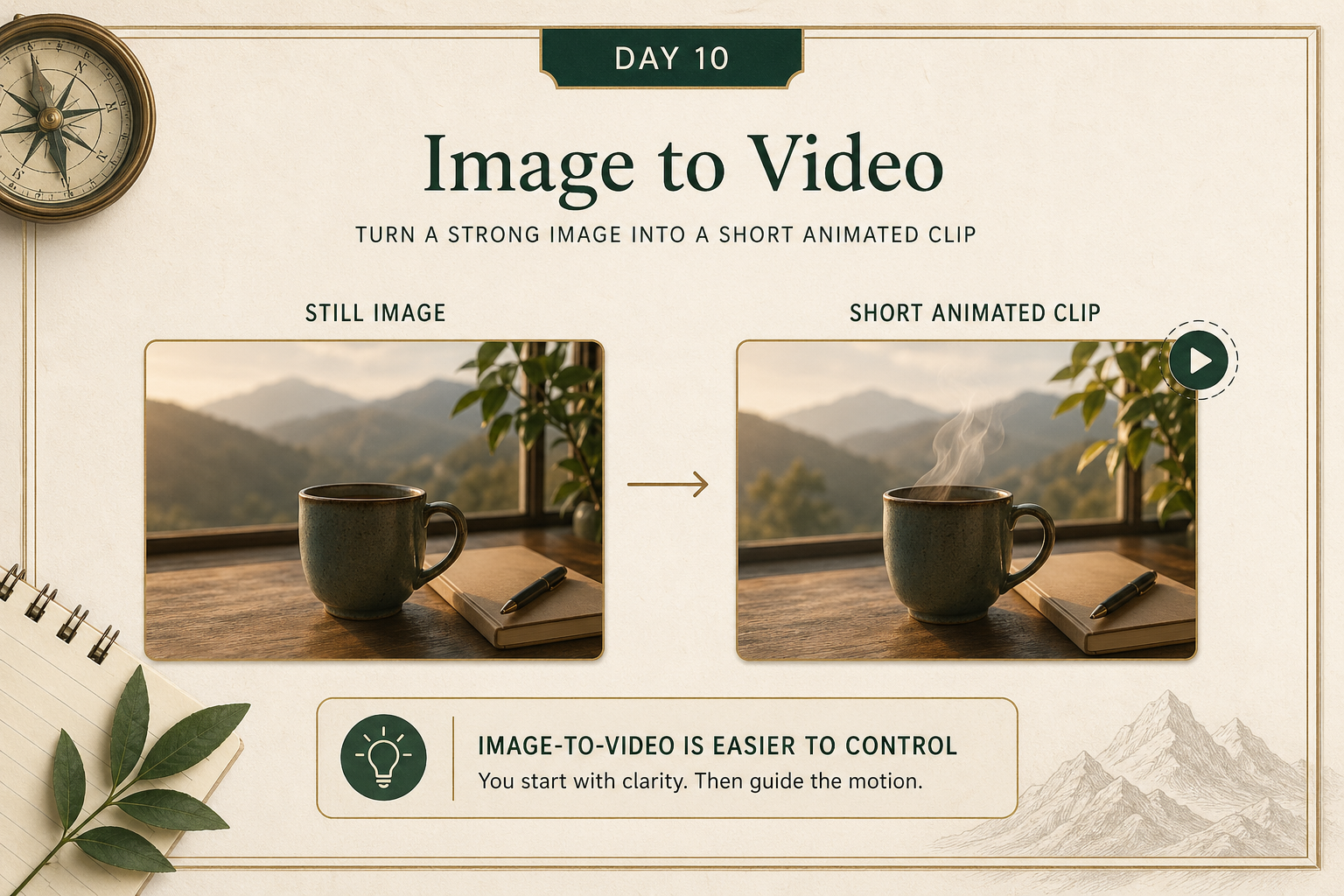 Educational visual showing a still image becoming a short animated clip through controlled camera motion and small subject movement