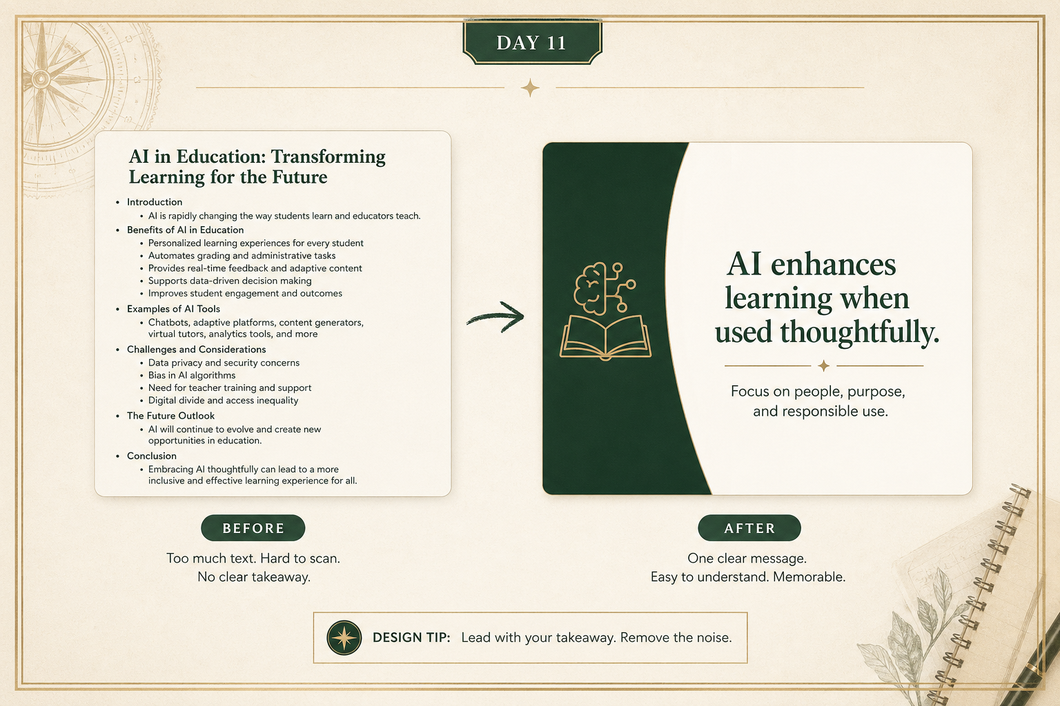Educational visual showing an overloaded text-heavy slide being simplified into a cleaner message-led slide with one clear takeaway