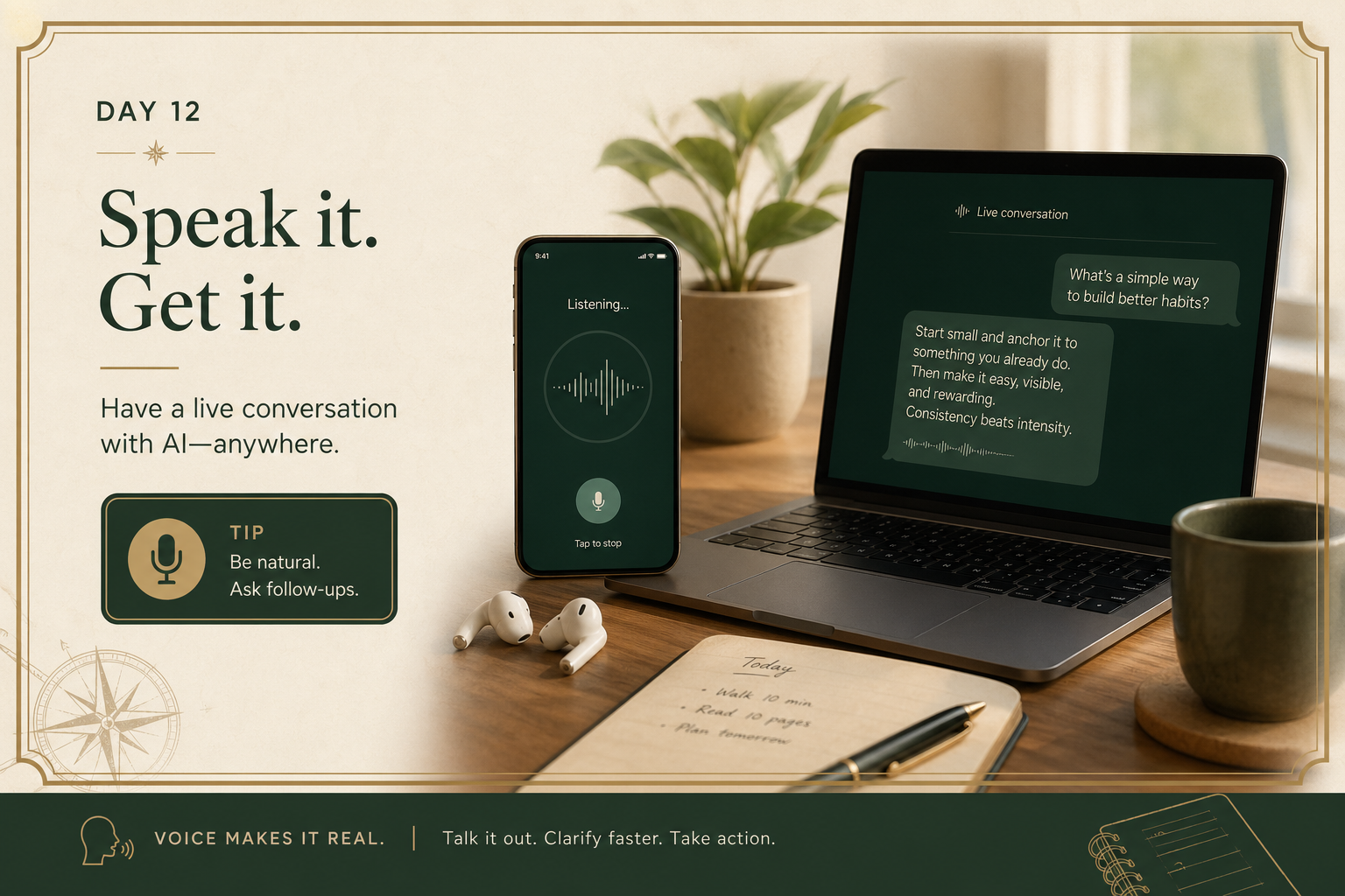 Editorial visual showing a live spoken conversation with AI across phone, earbuds, and desktop in a calm practical everyday setting