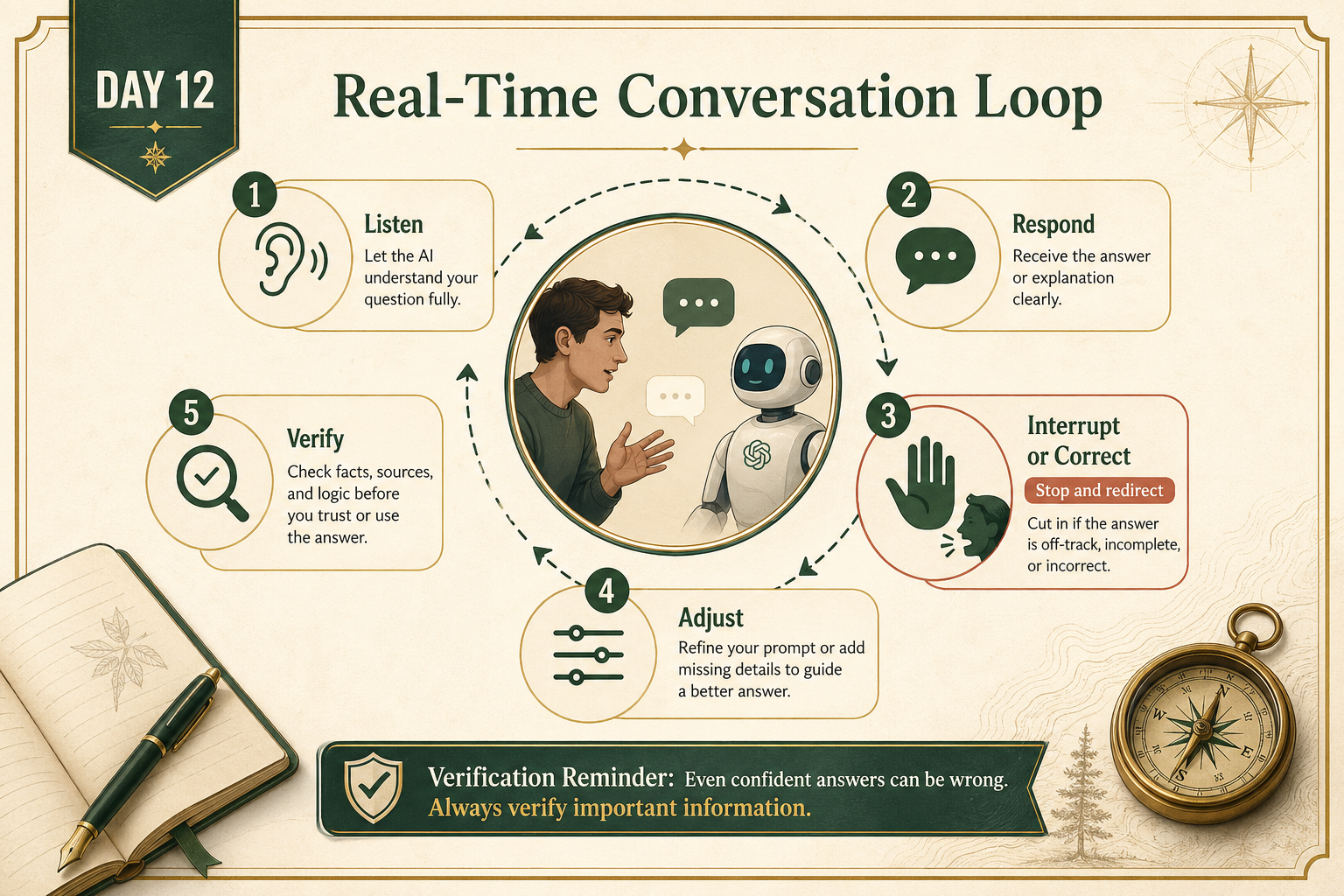 Educational visual showing a realtime conversation loop with listening, interruption handling, short memory, and response refinement